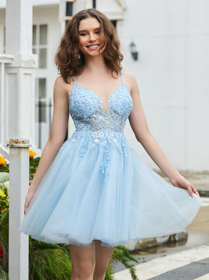 Lace Adorned Corset Bodice Top Graduation Dress Sky Blue