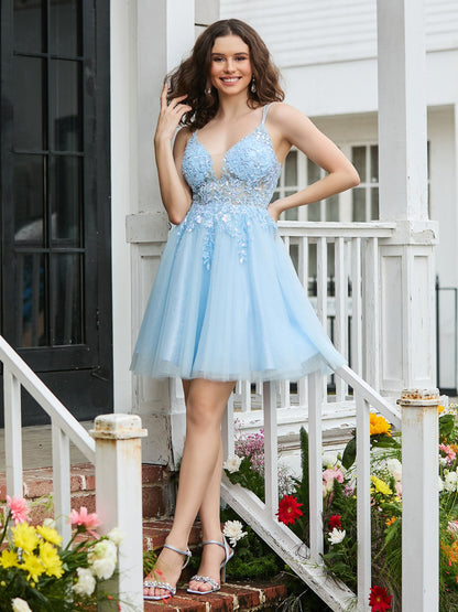 Lace Adorned Corset Bodice Top Graduation Dress Sky Blue