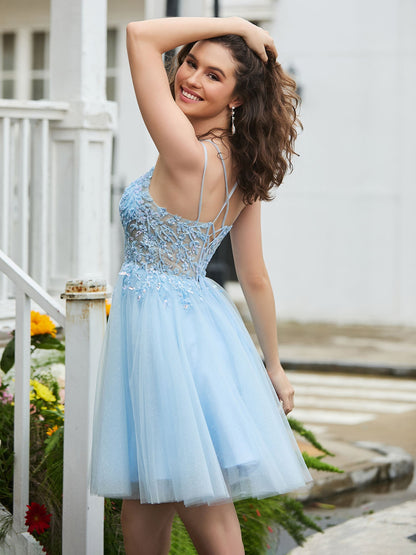 Lace Adorned Corset Bodice Top Graduation Dress Sky Blue