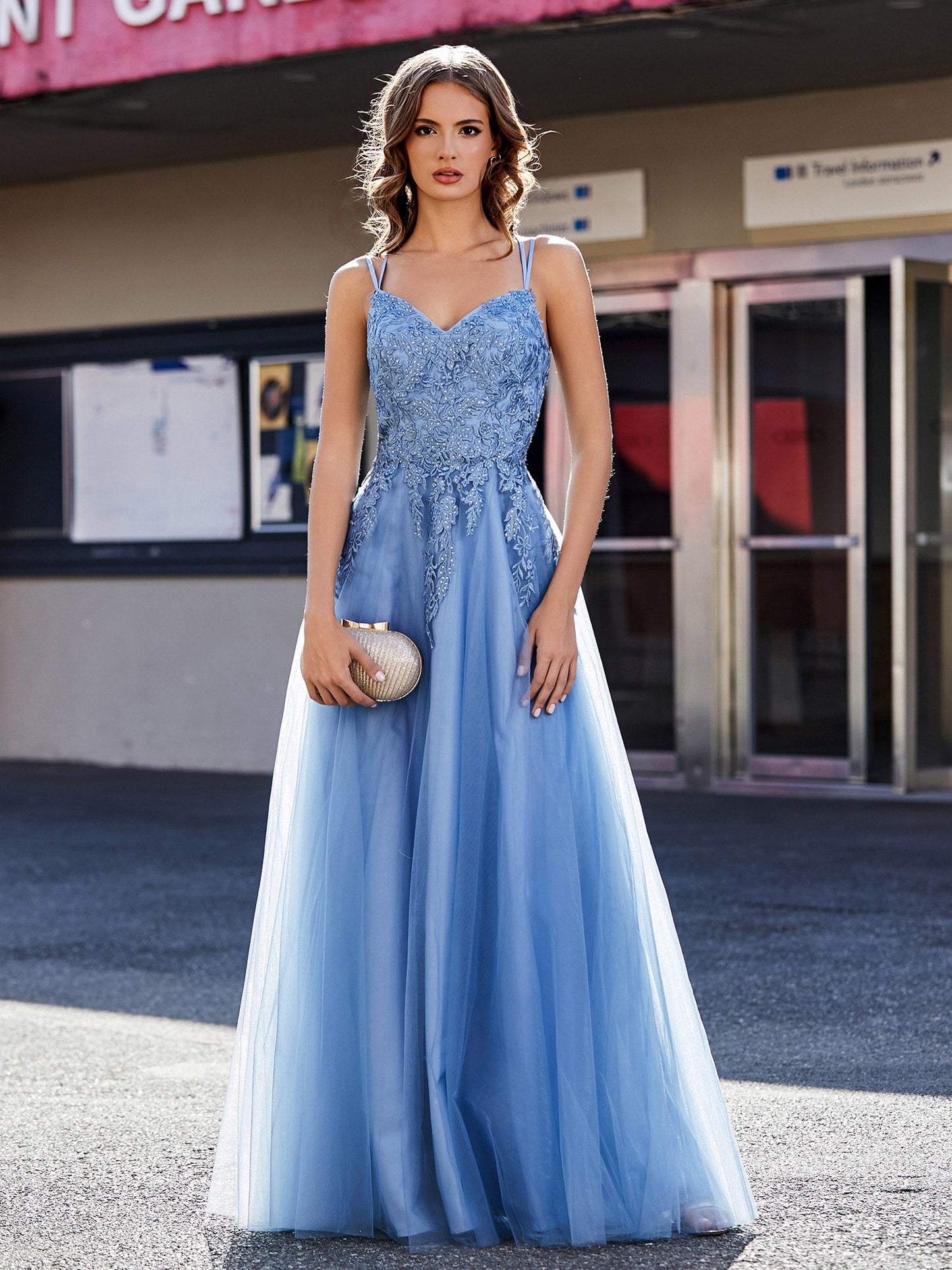 A Line Open Back Tulle Dress Dusty Blue