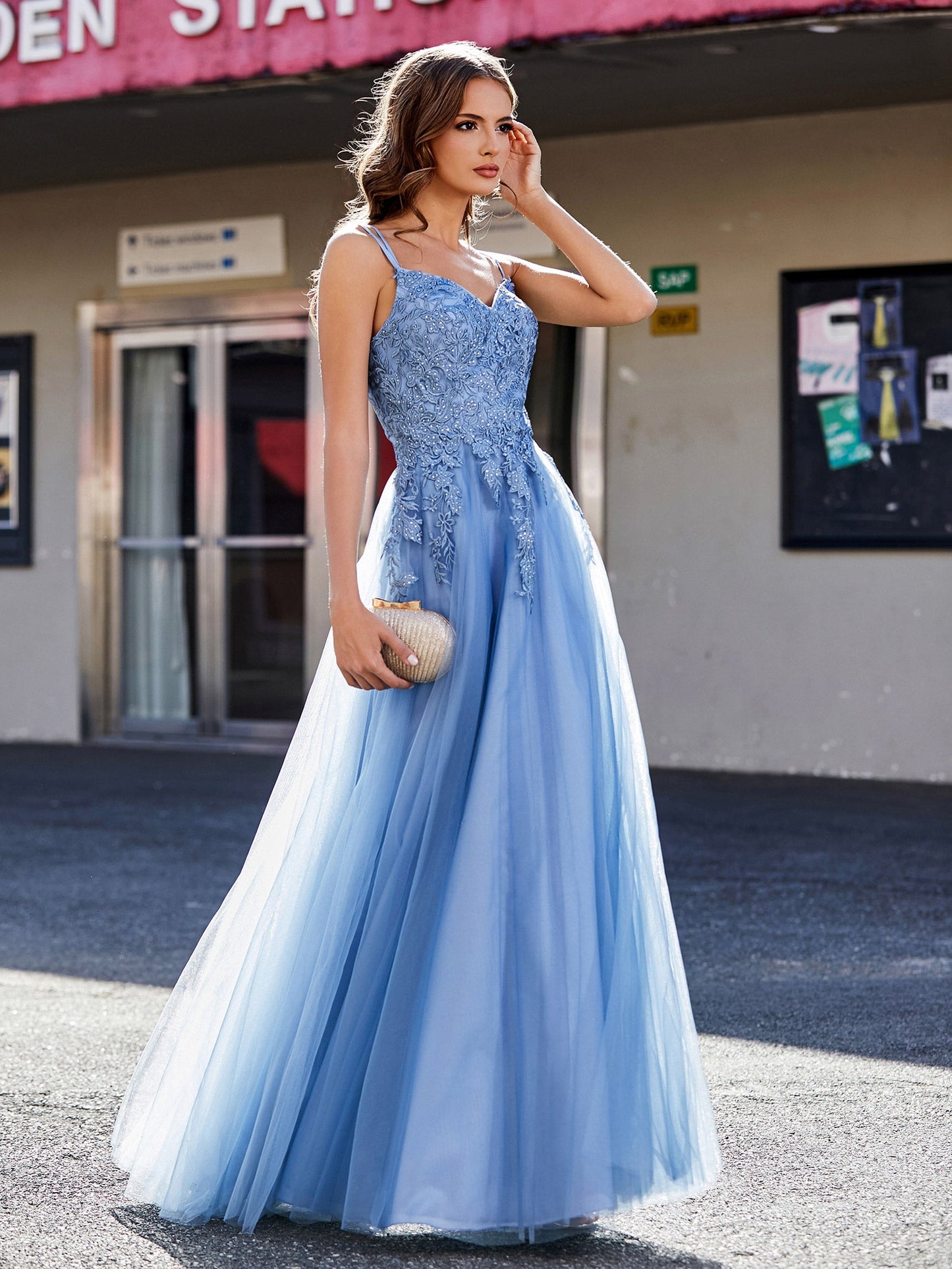 A Line Open Back Tulle Dress Dusty Blue