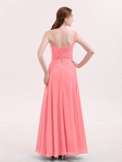 One Shoulder Chiffon Long Bridesmaid Gown-Watermelon