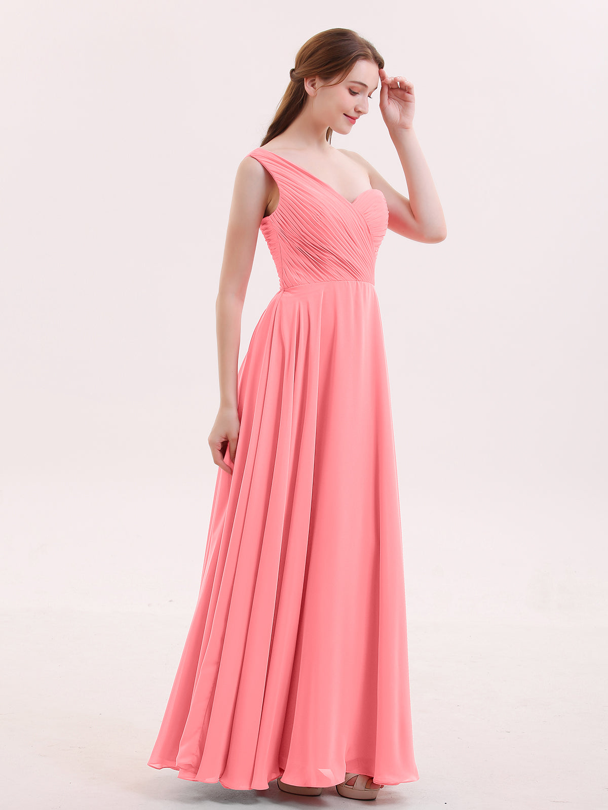 One Shoulder Chiffon Long Bridesmaid Gown-Watermelon