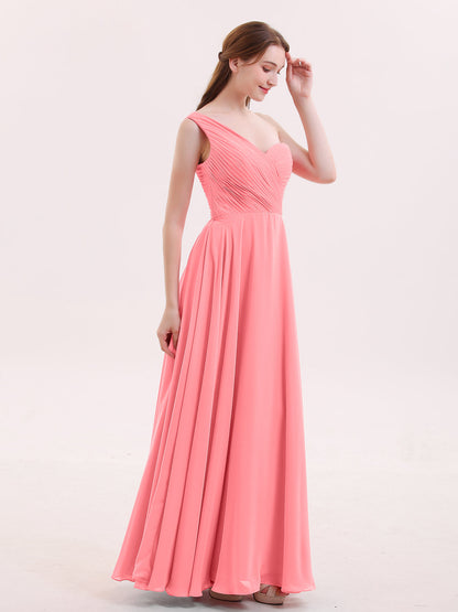 One Shoulder Chiffon Long Bridesmaid Gown-Watermelon