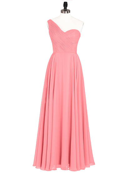 One Shoulder Chiffon Long Bridesmaid Gown-Watermelon