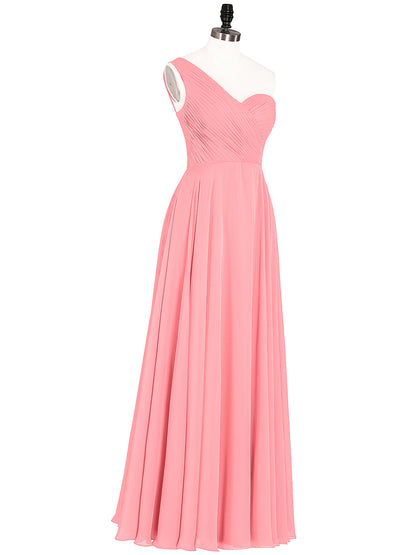 One Shoulder Chiffon Long Bridesmaid Gown-Watermelon