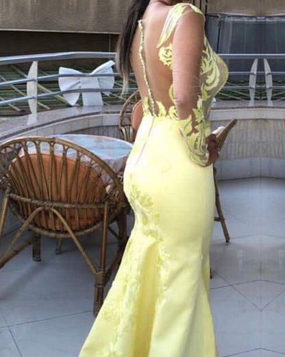 Yellow Mermaid Prom Dresses One Shoulder Lace Embroidery