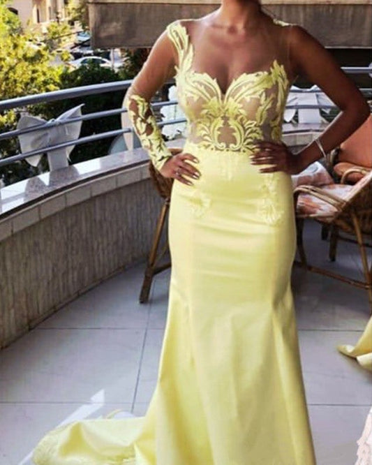 Yellow Mermaid Prom Dresses One Shoulder Lace Embroidery