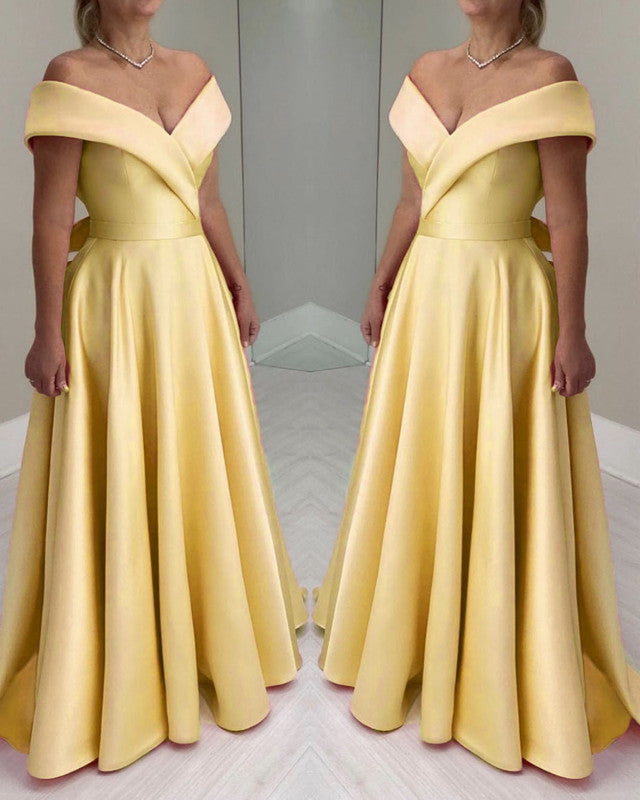 Yellow Satin Bow Back Off The Shoulder Dresses