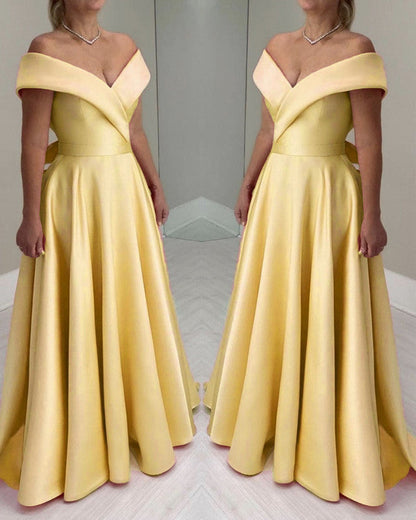 Yellow Satin Bow Back Off The Shoulder Dresses
