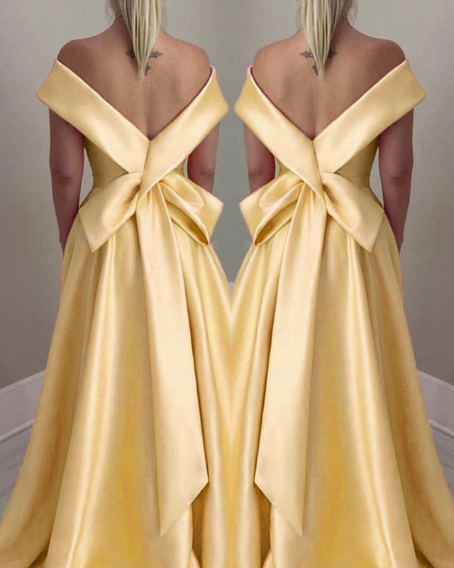 Yellow Satin Bow Back Off The Shoulder Dresses