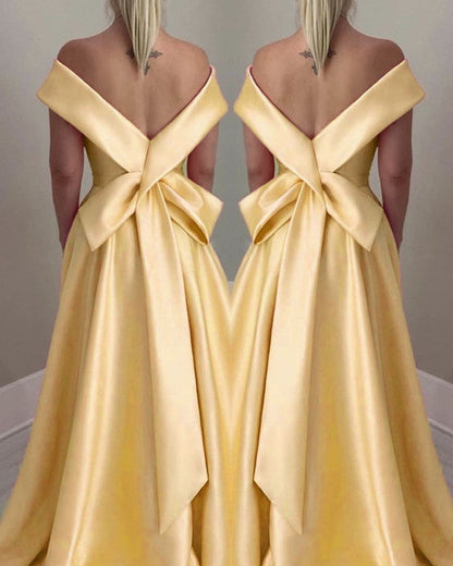 Yellow Satin Bow Back Off The Shoulder Dresses