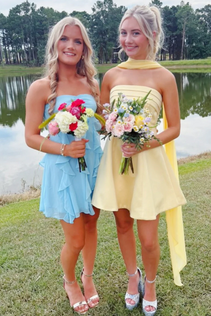 Yellow A-Line Strapless Pleats Satin Empire-Waist Sleeveless Short Homecoming Dress