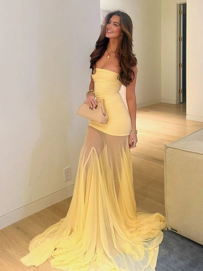 Yellow Mermaid Strapless Chiffon Long Prom Dress