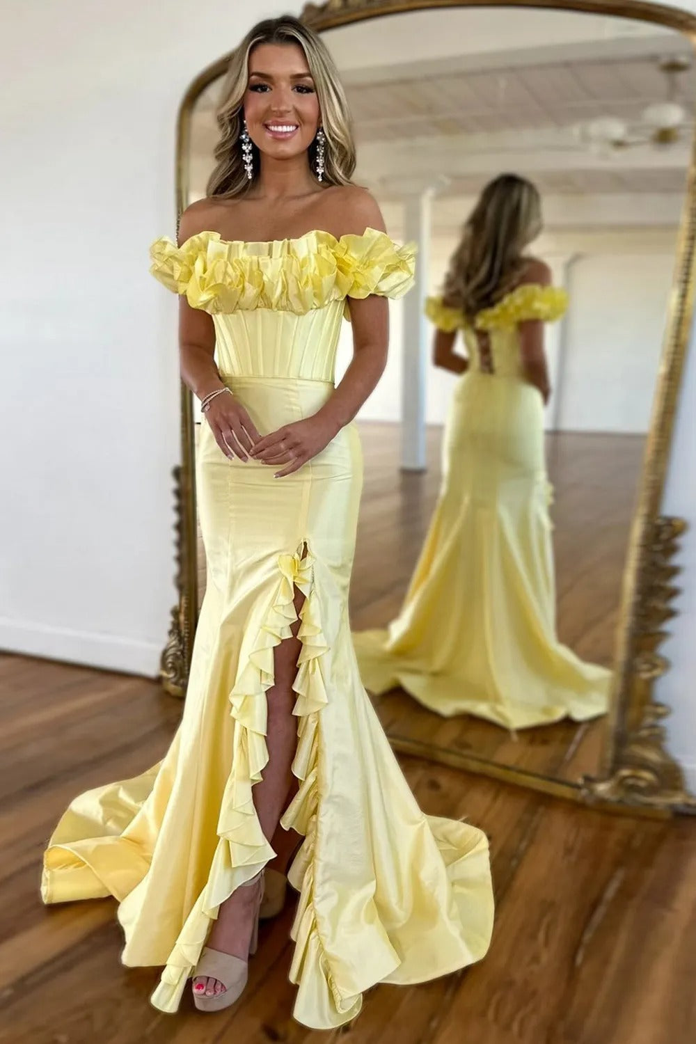 Yellow Mermaid Strapless Corset Long Prom Dress with Ruffles