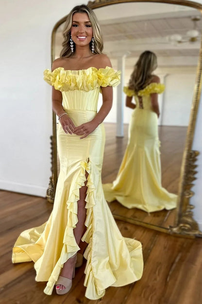 Yellow Mermaid Strapless Corset Long Prom Dress with Ruffles