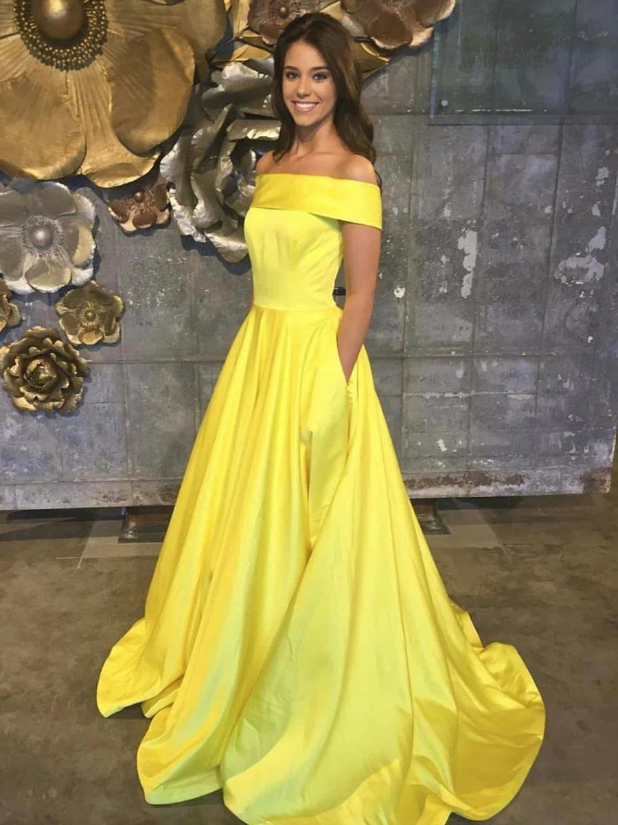 Yellow Off the Shoulder A-Line Satin Long Prom Dress With Pockets