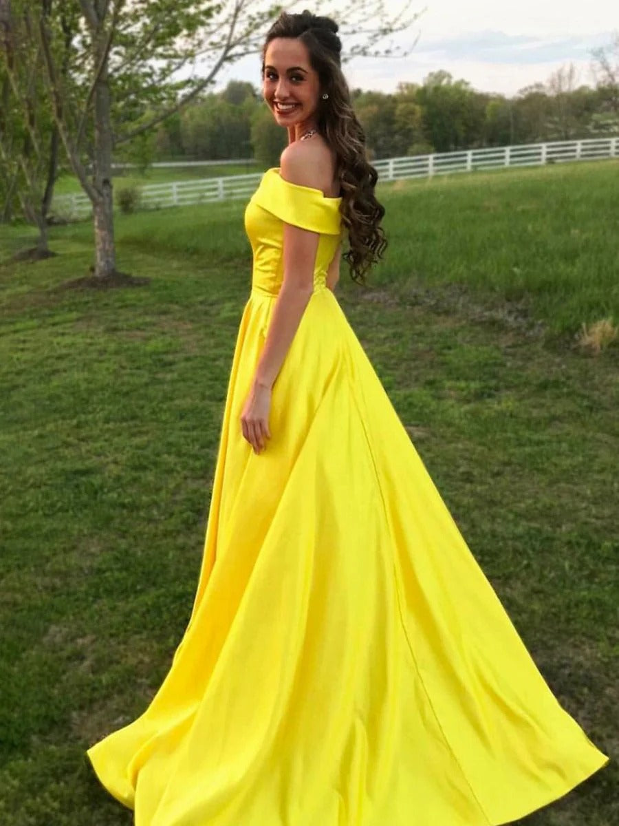 Yellow Off the Shoulder A-Line Satin Long Prom Dress With Pockets
