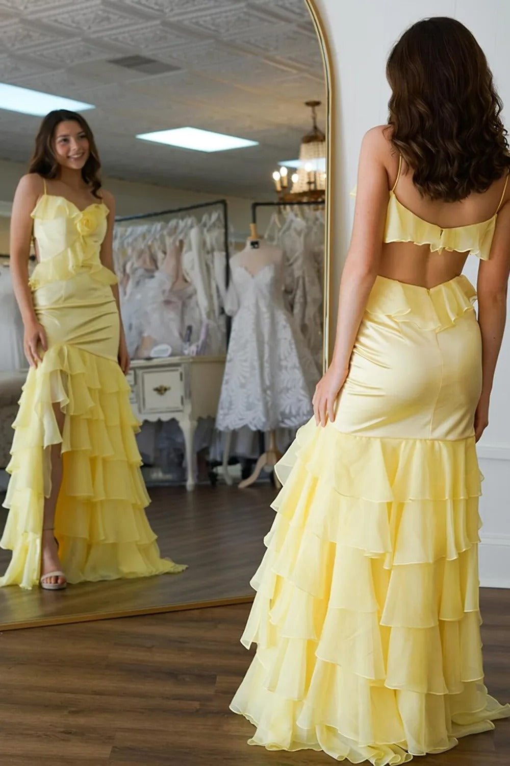 Yellow Satin Spaghetti Straps Sheath Ruffled Long Prom Dress with Slit