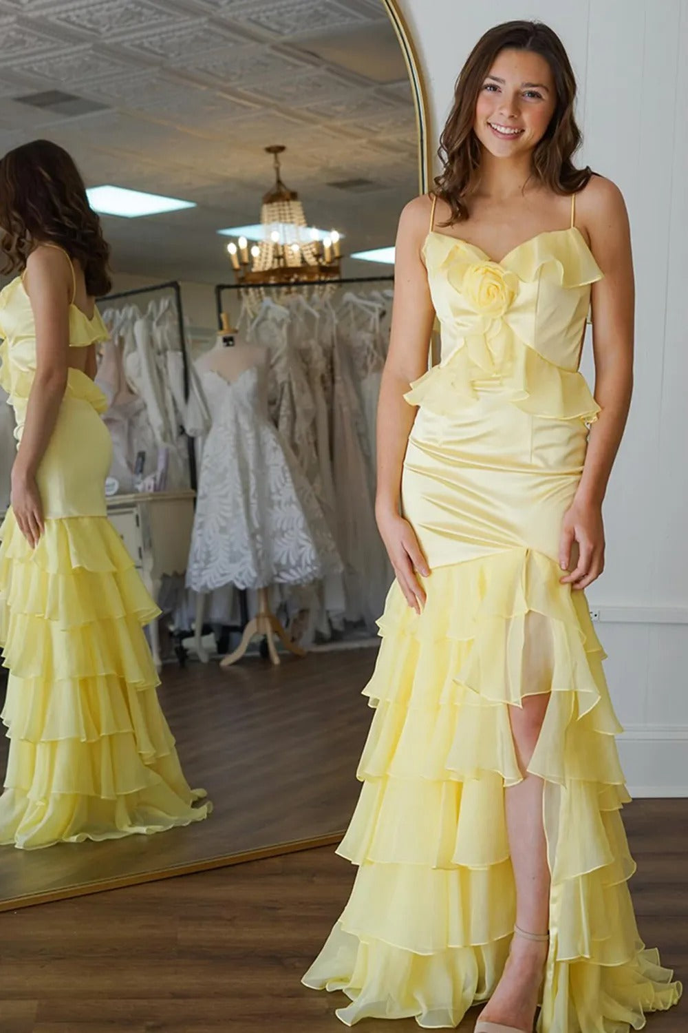 Yellow Satin Spaghetti Straps Sheath Ruffled Long Prom Dress with Slit