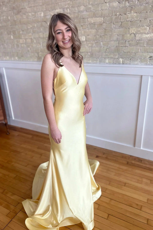 Yellow Spaghetti Strap Mermaid Criss-cross Back Long Prom Dress