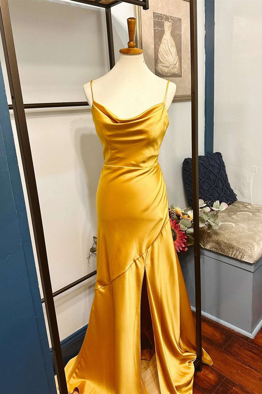 Yellow Spaghetti Straps Mermaid Satin Long Prom Dress with Slit