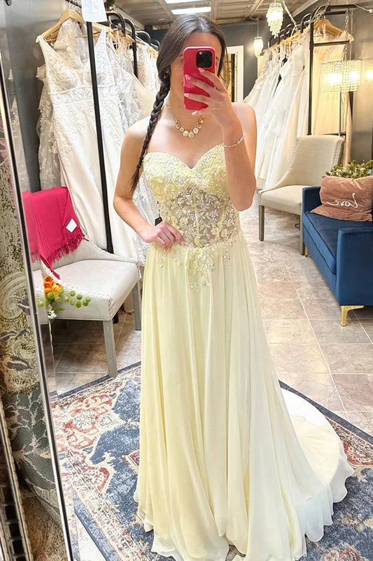 Yellow Sweetheart Applique A Line Long Prom Dress