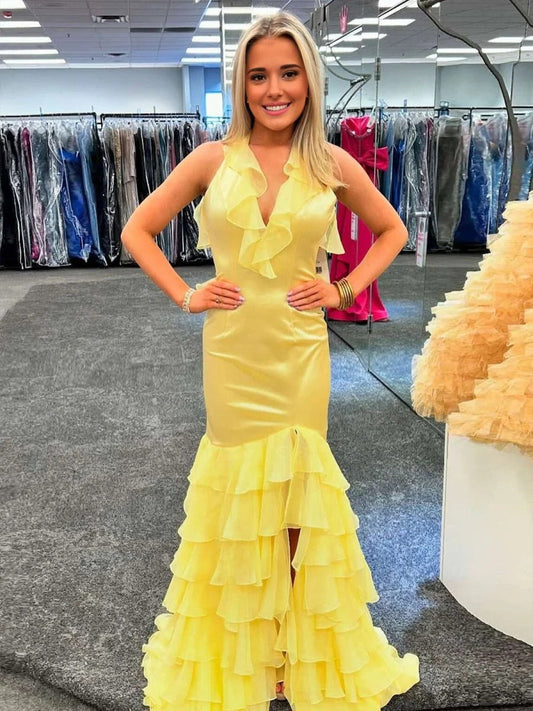 Yellow V-Neck Satin Mermaid Ruffled Long Prom Dress