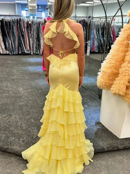 Yellow V-Neck Satin Mermaid Ruffled Long Prom Dress