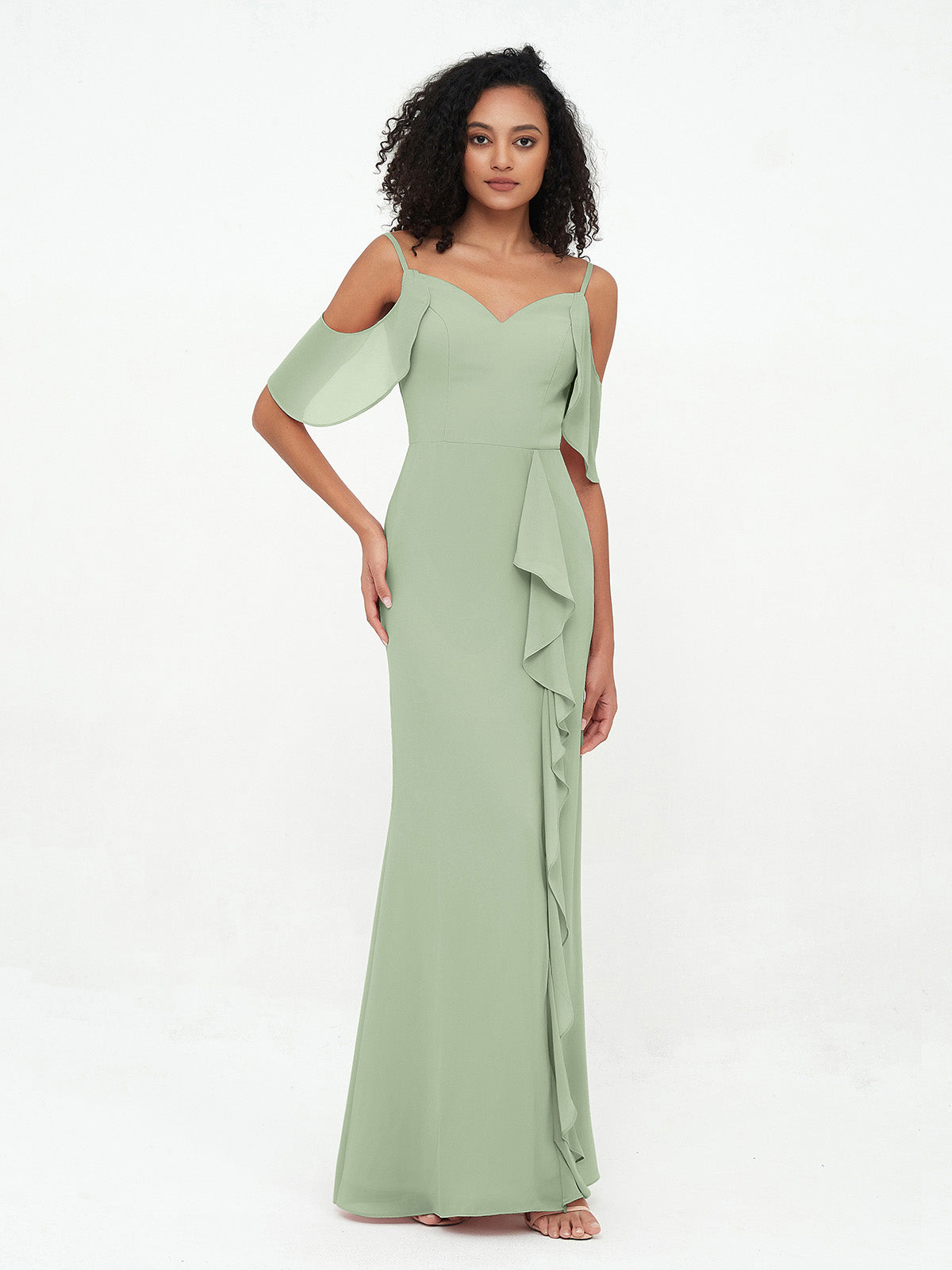 Spaghetti Straps Cloumn Dresses with Slit-Dusty Sage