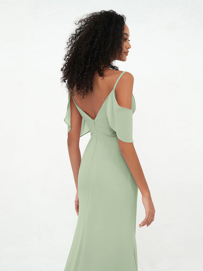 Spaghetti Straps Cloumn Dresses with Slit-Dusty Sage