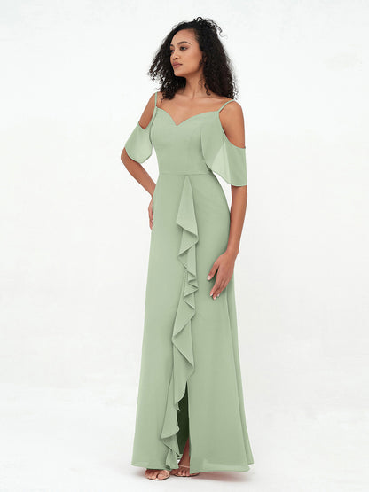 Spaghetti Straps Cloumn Dresses with Slit-Dusty Sage