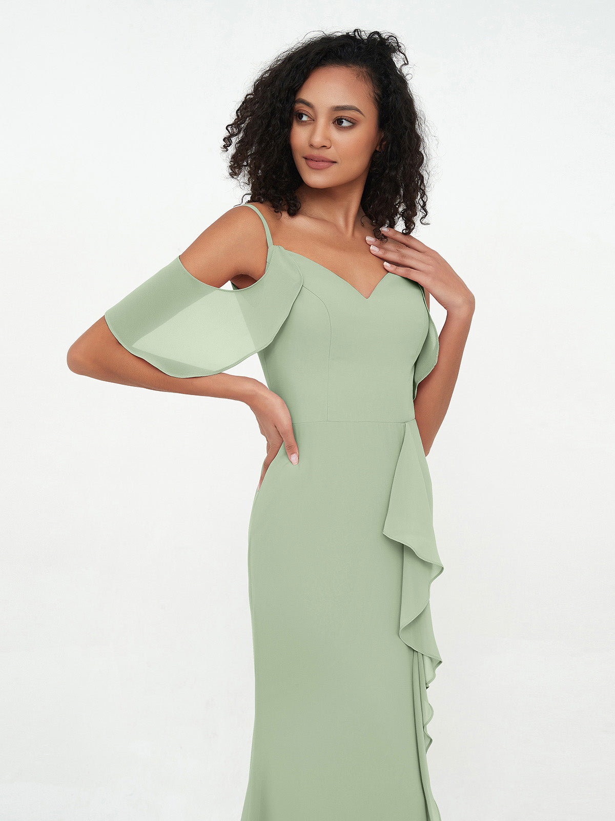 Spaghetti Straps Cloumn Dresses with Slit-Dusty Sage