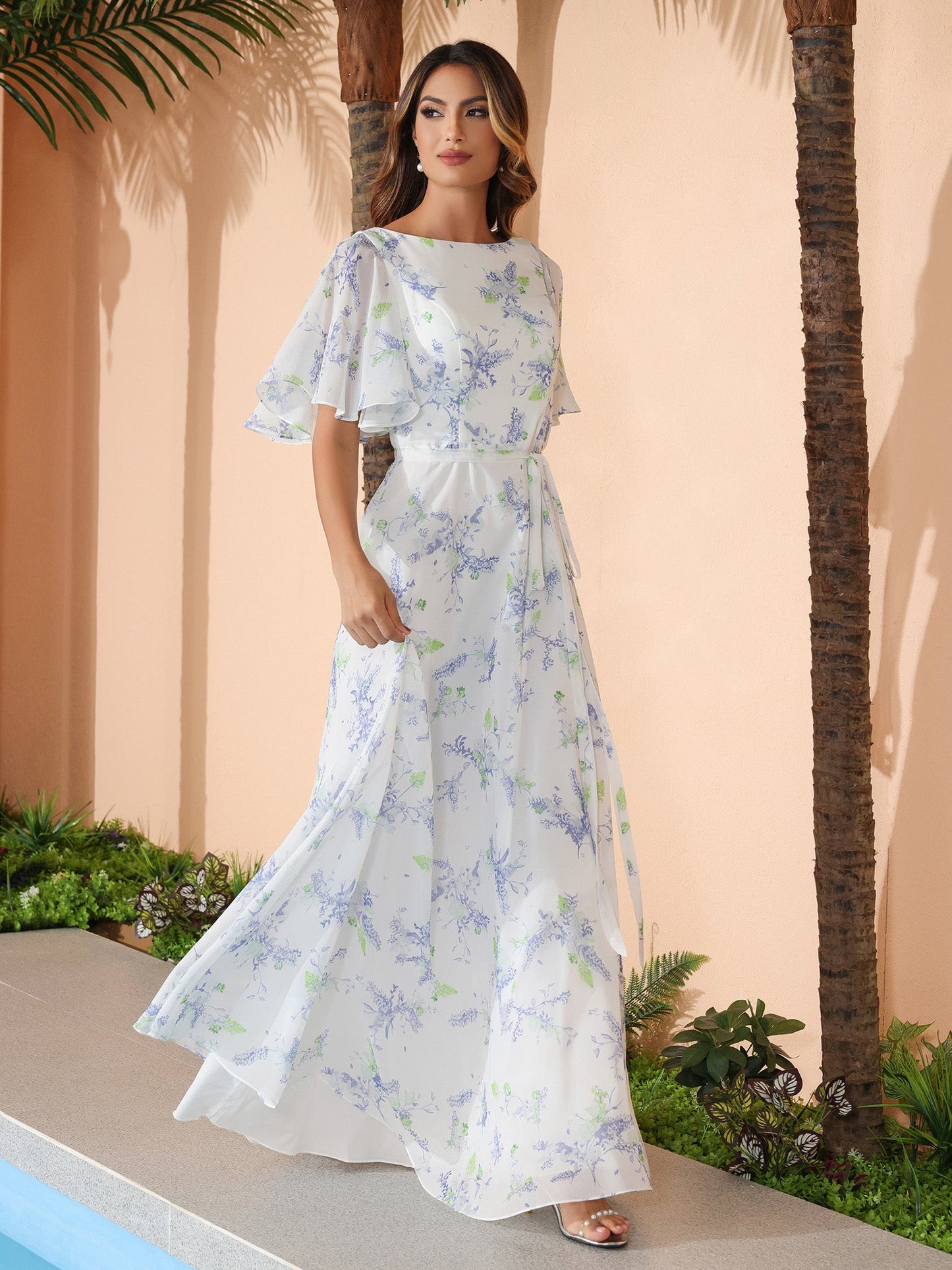 Lavender Floral Flutter Sleeves Chiffon Max Dresses with Sash Bow