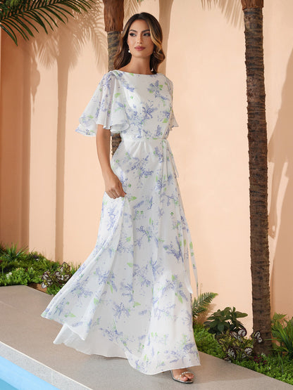 Lavender Floral Flutter Sleeves Chiffon Max Dresses with Sash Bow