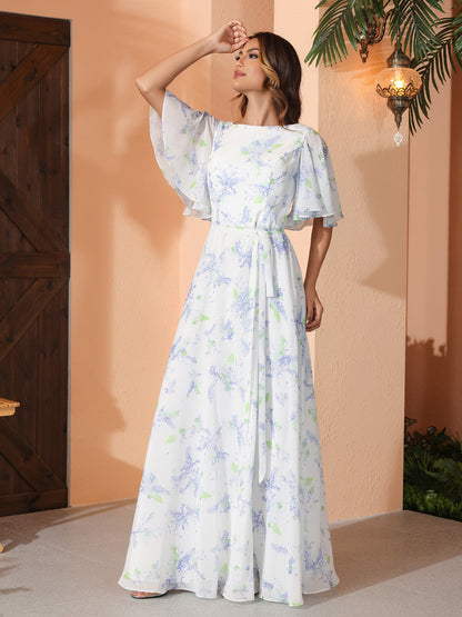 Lavender Floral Flutter Sleeves Chiffon Max Dresses with Sash Bow