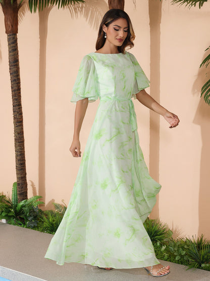 Flutter Sleeves Chiffon Max Dresses with Sash Bow Sage Dream