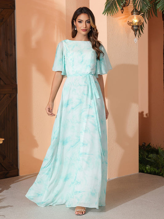 Flutter Sleeves Chiffon Max Dresses with Sash Bow Minty Cloud