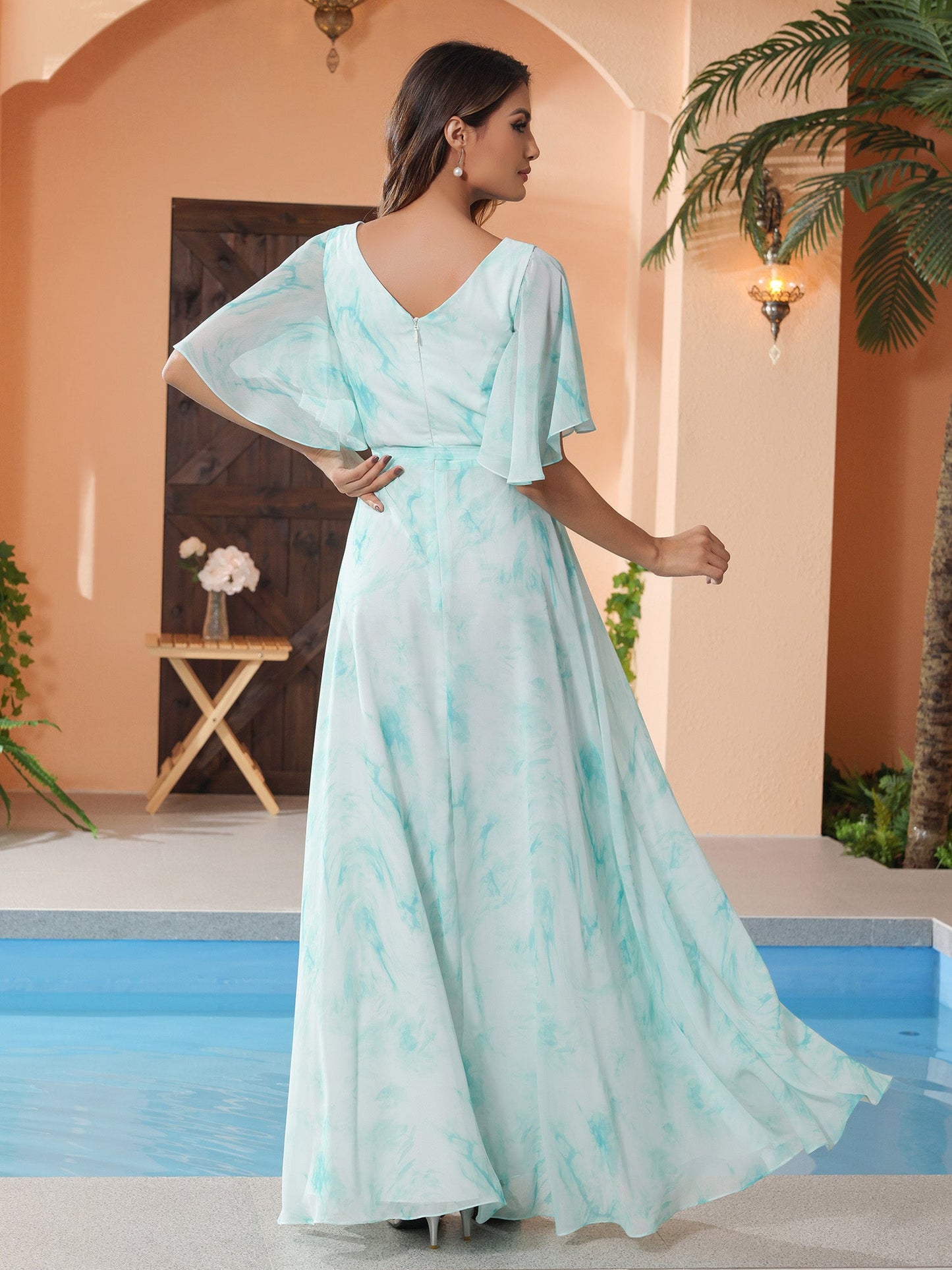 Flutter Sleeves Chiffon Max Dresses with Sash Bow Minty Cloud
