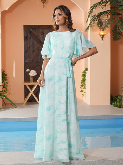 Flutter Sleeves Chiffon Max Dresses with Sash Bow Minty Cloud