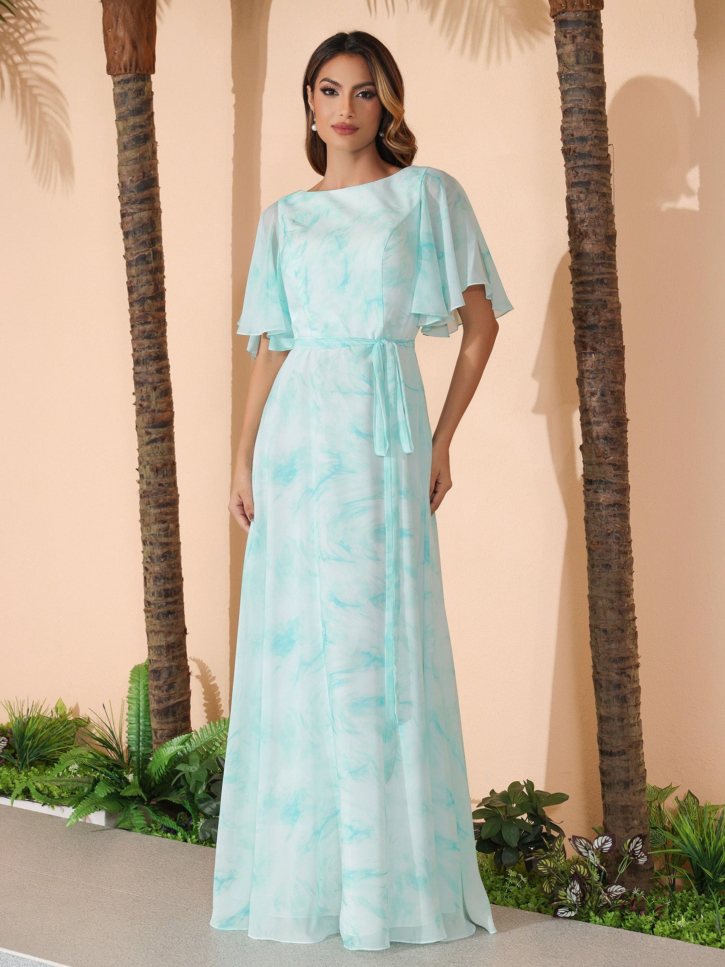 Flutter Sleeves Chiffon Max Dresses with Sash Bow Minty Cloud