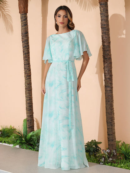Flutter Sleeves Chiffon Max Dresses with Sash Bow Minty Cloud