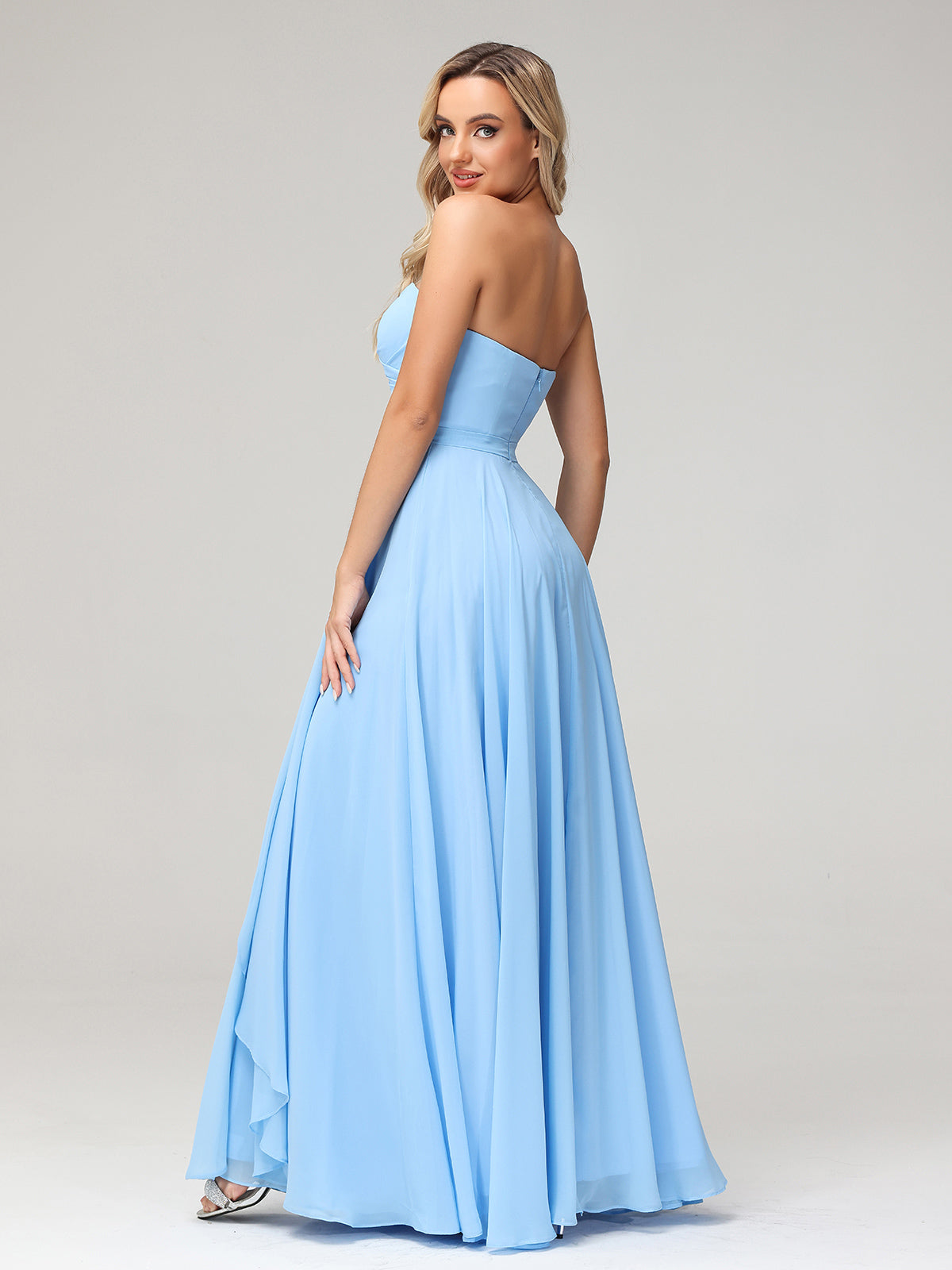 Strapless Sweetheart Neck Chiffon Long Dresses-Blue