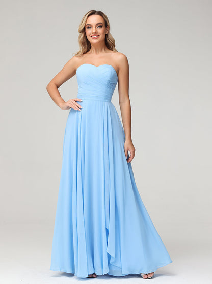 Strapless Sweetheart Neck Chiffon Long Dresses-Blue