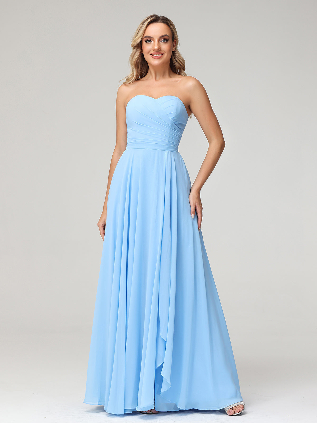 Strapless Sweetheart Neck Chiffon Long Dresses-Blue