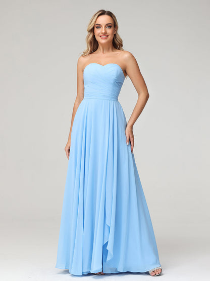 Strapless Sweetheart Neck Chiffon Long Dresses-Blue