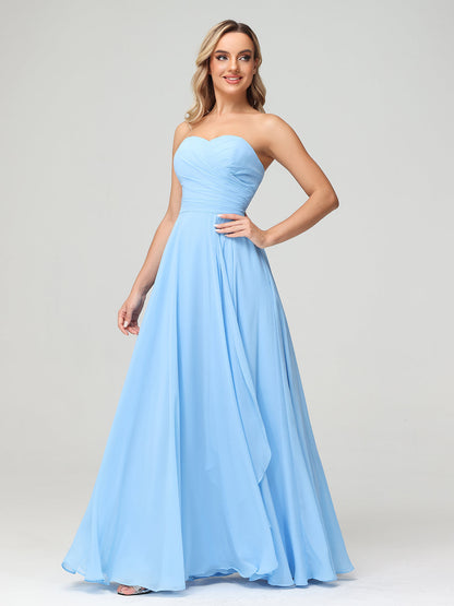 Strapless Sweetheart Neck Chiffon Long Dresses-Blue