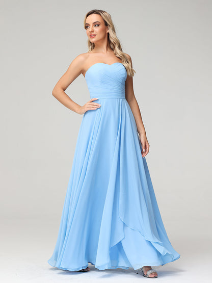 Strapless Sweetheart Neck Chiffon Long Dresses-Blue