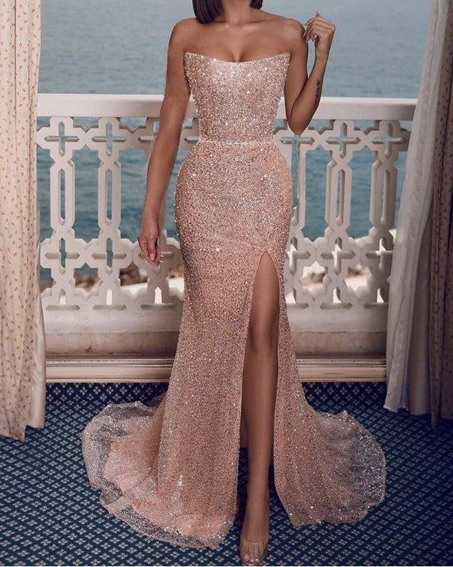 Sparkle Mermaid Prom Dresses Strapless Leg Slit - RongMoon