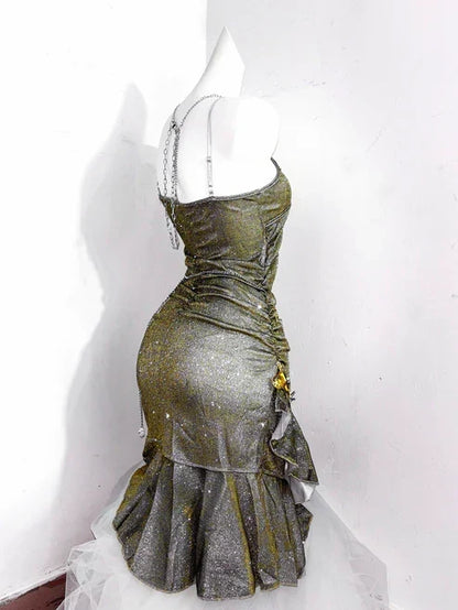 Vintage Green Spaghetti Strap Ruffled Hem Hem Short 16th Birthday Party Dress Homecoming Dress HZ1024